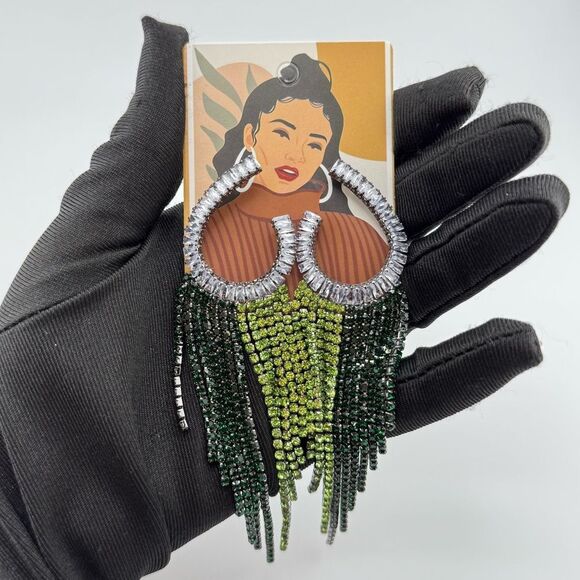Glam Green & Black Crystal Fringe Earrings — Luxe Statement Jewelry - Picture 7 of 11